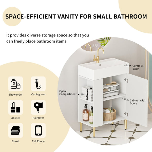 English Elm 21.6" Bathroom Vanity with Ceramic Sink Open Shelf Wave Door White Finish W1573S00019
