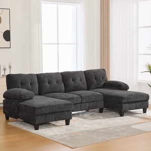 English Elm U-shaped Chenille Sectional Sofa with Dual Chaise Lounges, Tufted Back, Storage Pockets & Pillows Black N719S002040B