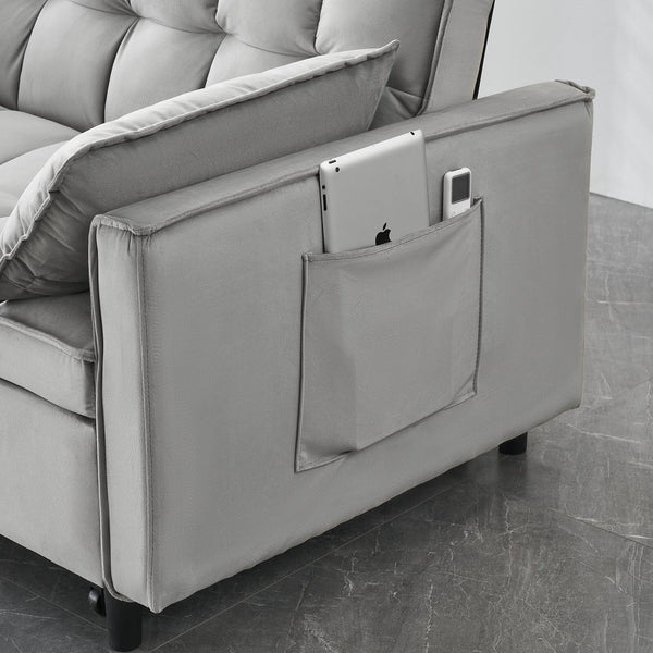English Elm Modern Velvet Loveseat Futon Sofa Bed 3-in-1 Convertible Small Sleeper Couch with Recline, Pillows, Pockets, Beige Gray W3371P315000