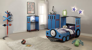 English Elm Tobi Twin Bed with Train Design Padded PU Headboard, Metal & MDF Frame, Slat System Included B2726P366068