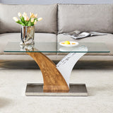 English Elm Rectangular Coffee Table.Tempered Glass Countertop, and Artistic Mdf Legs,Perfect For Hosting Dinners, Conferences, Home, and Office Decorations.White and Wood,Dining Table,Tea Table.Coffee Table.