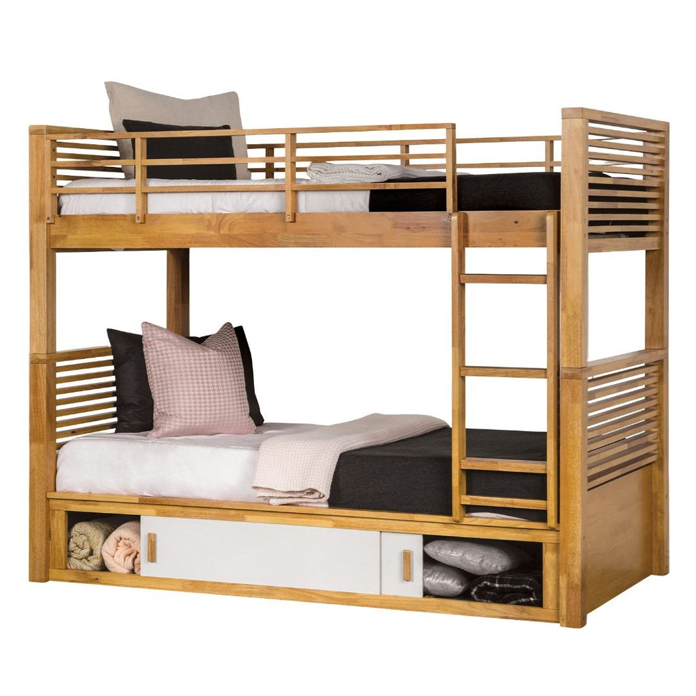 English Elm Twin Over Twin Bunk Bed In Light Oak Finish With Storage, Reversible Ladder & Versatile Design B2741S00317-GIGA