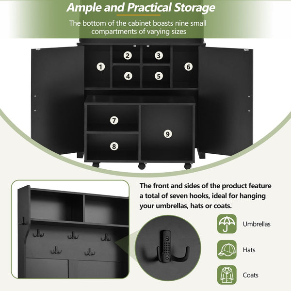 English Elm On-Trend 4-In-1 Farmhouse Hall Tree: Movable Bench, 7 Hooks, Shoe Storage & Rustic Style For Entryway N721P205788B-GIGA