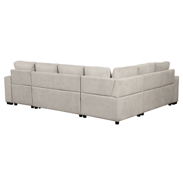 English Elm 109" U-shaped Sectional Sofa Pull-out Bed with Storage Chaise, USB Ports, Pocket Spring Comfort Beige N719S001550A