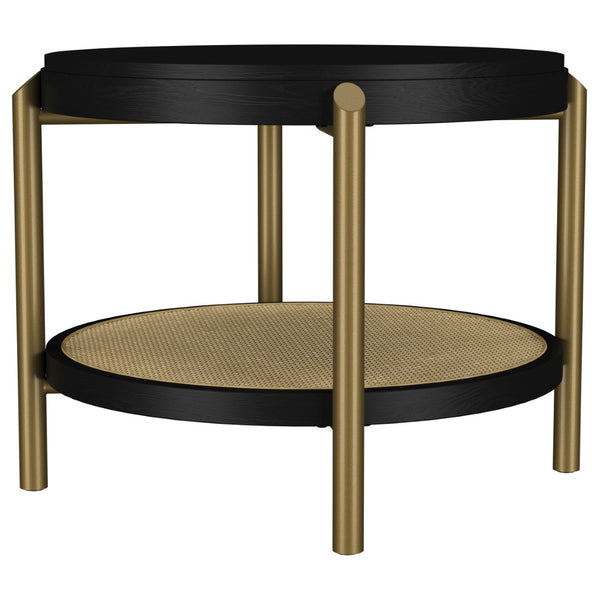 English Elm Benson Round Coffee and End Table Set with Brass Legs Rattan Shelf Accent B062S01404