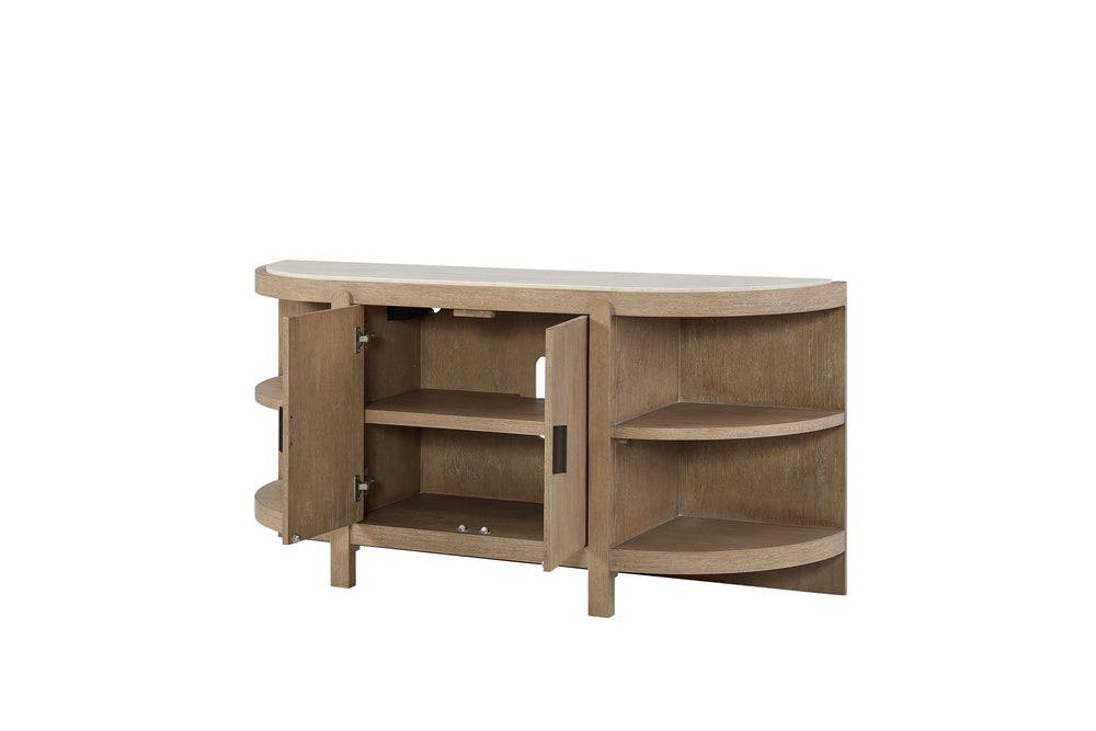 English Elm Curved Taupe+Natural 2-Door Console Table with Marble Top, Toffee Wood Finish, Open Shelves, Storage B2699P323083