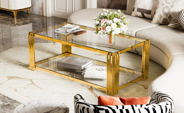 English Elm Modern Glam Rectangular Coffee Table with Mirrored Top Gold Sculptural Frame Open Shelf Transparent N735P380099K