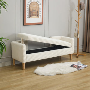 English Elm 65.35"wide Corduroy Storage Bench with Flip Top Bolster Pillows and Padded Backrest Ivory W3118P410499