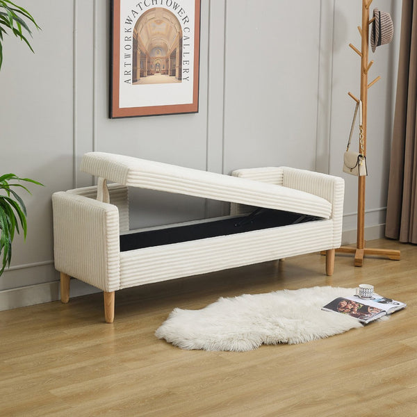 English Elm 65.35"wide Corduroy Storage Bench with Flip Top Bolster Pillows and Padded Backrest Ivory W3118P410499