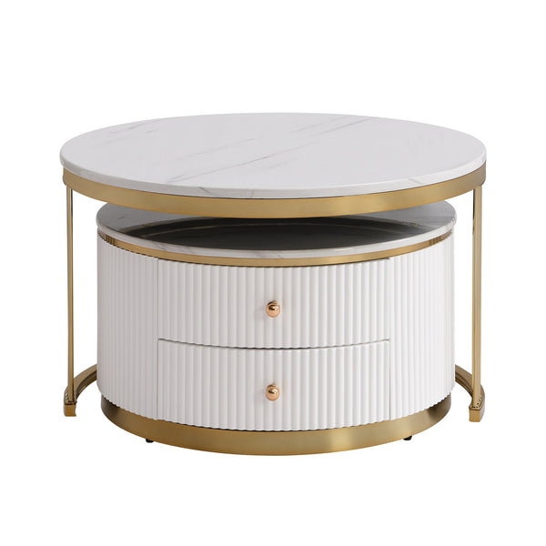 English Elm Modern 2 Pieces White Round Nesting Coffee Table Set with Drawers, Glossy MDF Tops & Gold Legs — Space-Saving Chic WF325924AAK