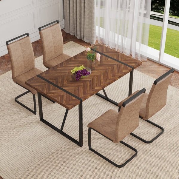 English Elm Table Retro Dining Set With Fishbone Mdf Top & 4 Brown Fabric Chairs - Modern, Stylish, Durable W1151S03140-GIGA