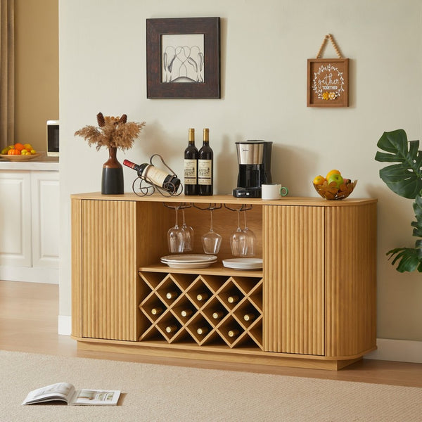 English Elm 58" Wavy Curved Sideboard with Wine Rack Glassware Holder and Adjustable Shelves Natural W1162P386374
