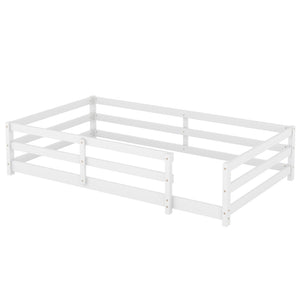 English Elm Twin Montessori Pine Floor Bed with Full Fence Rails for Kids Cozy Bedroom W1820P398987