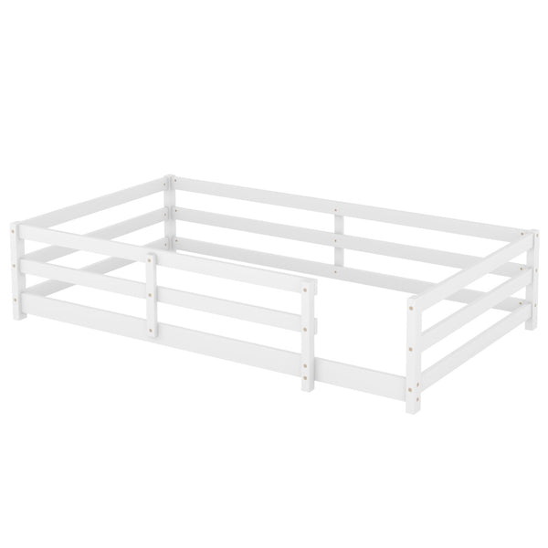 English Elm Twin Montessori Pine Floor Bed with Full Fence Rails for Kids Cozy Bedroom W1820P398987