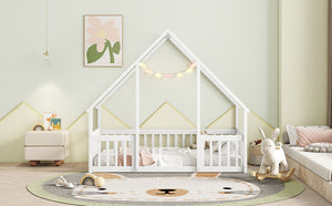 English Elm Twin Wood House-Shaped Floor Bed with Fence and Guardrails – Playful Pine Frame for Imaginative Kids Retreat White W504P143290