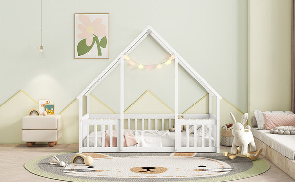 English Elm Twin Wood House-Shaped Floor Bed with Fence and Guardrails – Playful Pine Frame for Imaginative Kids Retreat White W504P143290