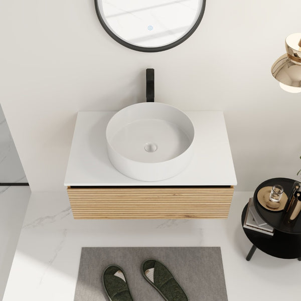 English Elm 30'' Floating Bathroom Vanity with Ceramic Vessel Sink and Soft Close Drawer W999S00359