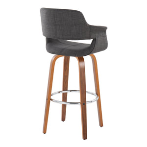 English Elm Vintage 30" Mid-Century Barstool Set of 2 - 360° Swivel, Walnut Bent Wood Legs, Charcoal Fabric, Chrome Footrest B202S00716