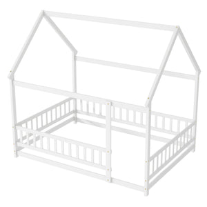 English Elm Full Size House Floor Bed With Roof Frame & Safety Guardrails - Cozy, Imaginative Retreat For Kids W504P286408