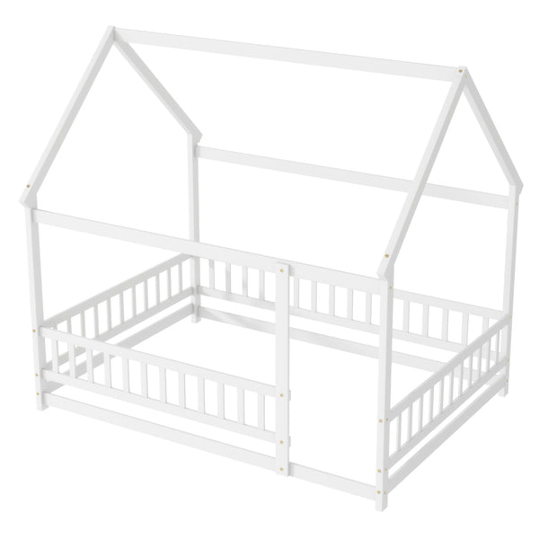 English Elm Full Size House Floor Bed With Roof Frame & Safety Guardrails - Cozy, Imaginative Retreat For Kids W504P286408
