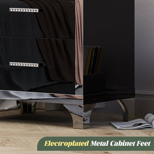English Elm High Gloss Mirrored 2 Drawer Nightstand Slim Metal Legs Modern Bedroom Side Table Black W5271P416537