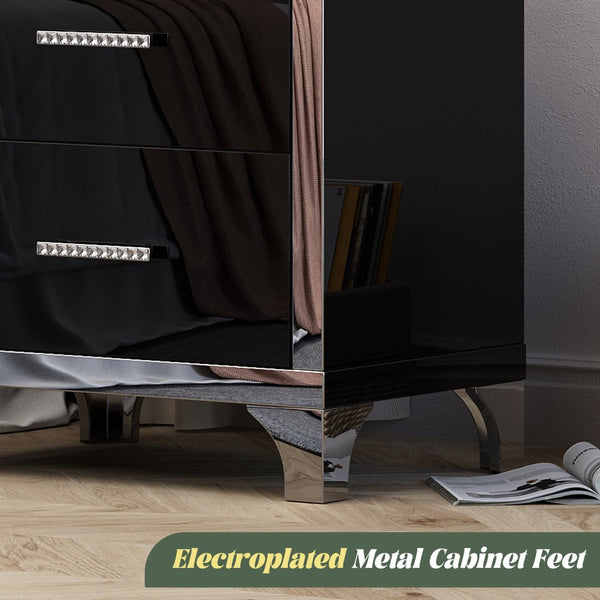 English Elm High Gloss Mirrored 2 Drawer Nightstand Slim Metal Legs Modern Bedroom Side Table Black W5271P416537