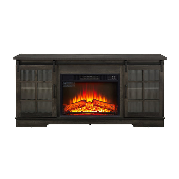 English Elm Multipurpose Sliding Door TV Stand with Built-In 1400W Electric Fireplace, Storage & Cable Management 65" Charcoal grey W1758S00018