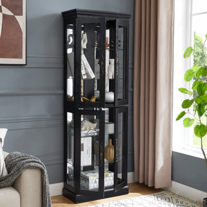 English Elm Elegant Curio Cabinet with Tempered Glass Doors, LED Lighting, Mirrored Back, Adjustable Shelves, Anti-Tip Safety Black W1758P297547