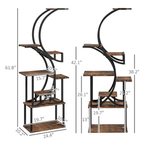 English Elm S-shaped Eight Tier Corner Plant Stand Steel and Fir Wood Sculptural Display Rack T3971P420933