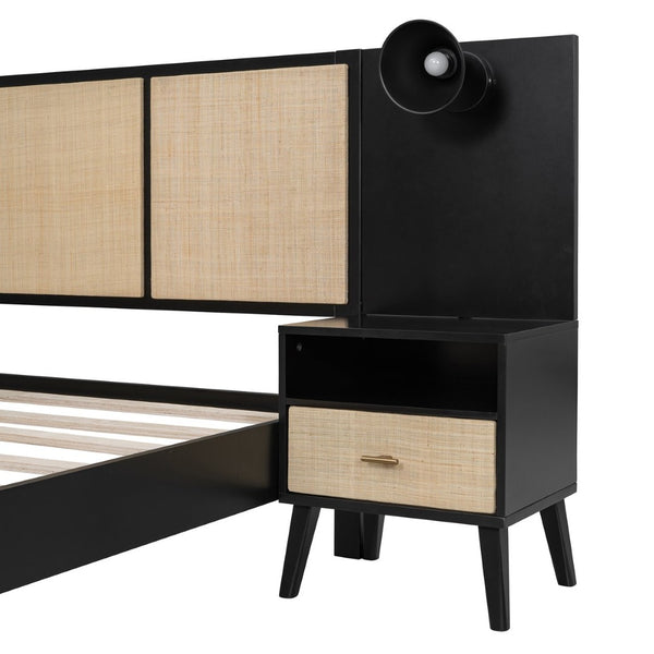 English Elm Queen Solid Wood Bed Frame With 2 Nightstands, Rattan Accents, Built-In Lamps For Cozy Bedrooms N820S00019AAB-GIGA