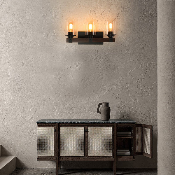 English Elm 19" Rustic 3-Light Vanity Light, Industrial Farmhouse Wall Sconce with Clear Glass Shades & Wood Accents W2312P374782