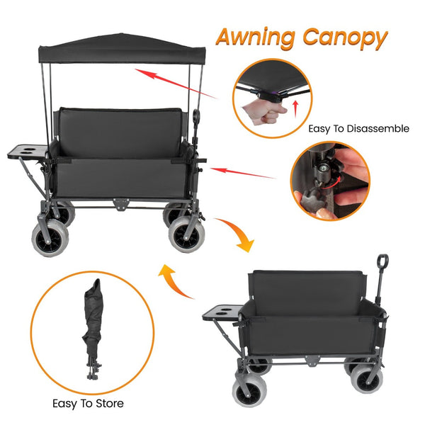 English Elm 3-in-1 Collapsible Wagon with Canopy Bench Tabletop and All-terrain Wheels for Camping Black W2932P417654