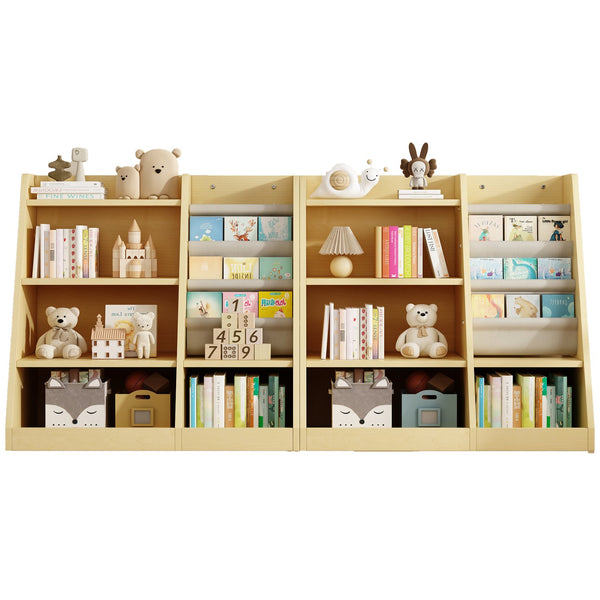 English Elm Wooden Montessori 4-Tier Kids Bookcase with 3 Deep Sling Pockets, Sturdy MDF Organizer for Playroom W2876P233535