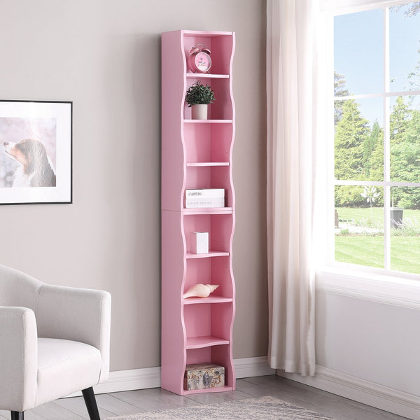 English Elm 8-layer ultra-thin 8-tier tall bookshelf with wavy edge design, space-saving display shelf for home office Pink W487P339355