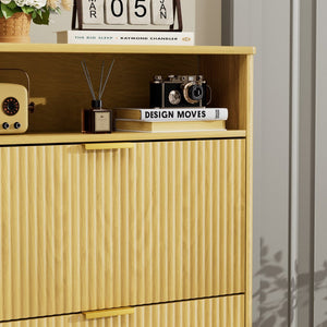 English Elm Shoe Cabinet Slim Entryway Organizer with Flip Compartments Wave Front and Gold Hardware Natural W1162P384346