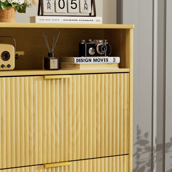 English Elm Shoe Cabinet Slim Entryway Organizer with Flip Compartments Wave Front and Gold Hardware Natural W1162P384346