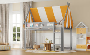 English Elm Twin Solid Wood Loft Bed with Led Lights Canopy Bookshelf for Kids Bedroom Gray N7090002241E