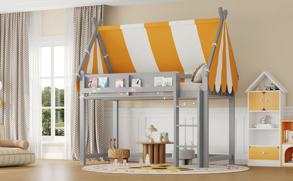 English Elm Twin Solid Wood Loft Bed with Led Lights Canopy Bookshelf for Kids Bedroom Gray N7090002241E