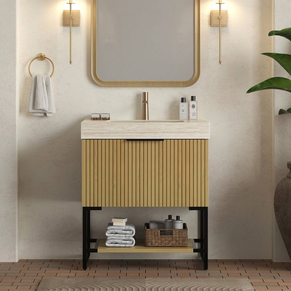 English Elm Yolan 30 Inch Freestanding Bathroom Vanity Plywood Cabinet Sintered Stone Top Oak Finish Beige,Black,Golden Oak W2615S00651