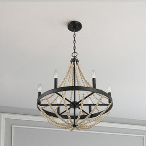 English Elm Ashcroft Furniture - Starry Rustic Wood Chandelier - Six Candle Beaded Pendant Light in Black & Natural Wood for Dining Room B183P231773