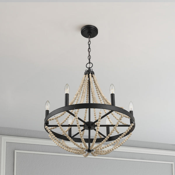 English Elm Ashcroft Furniture - Starry Rustic Wood Chandelier - Six Candle Beaded Pendant Light in Black & Natural Wood for Dining Room B183P231773