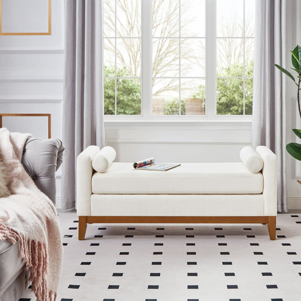English Elm Large Boucle Upholstered Window Bench with Armrests and Throw Pillows for Entryway Ivory W2186P454317