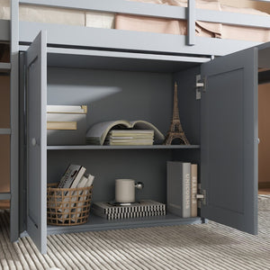 English Elm Twin Loft Bed Rubberwood Frame Pull Out Desk Storage Cabinet and Shelf Kids Room Grey W504S00287