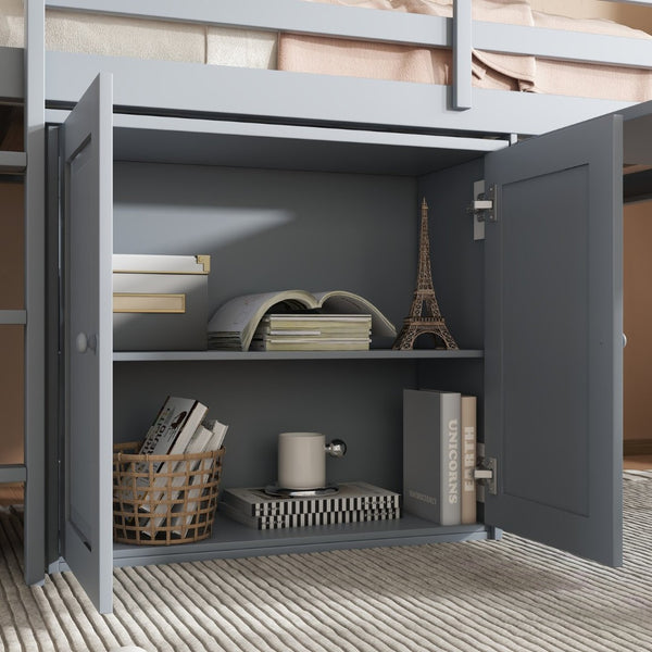 English Elm Twin Loft Bed Rubberwood Frame Pull Out Desk Storage Cabinet and Shelf Kids Room Grey W504S00287