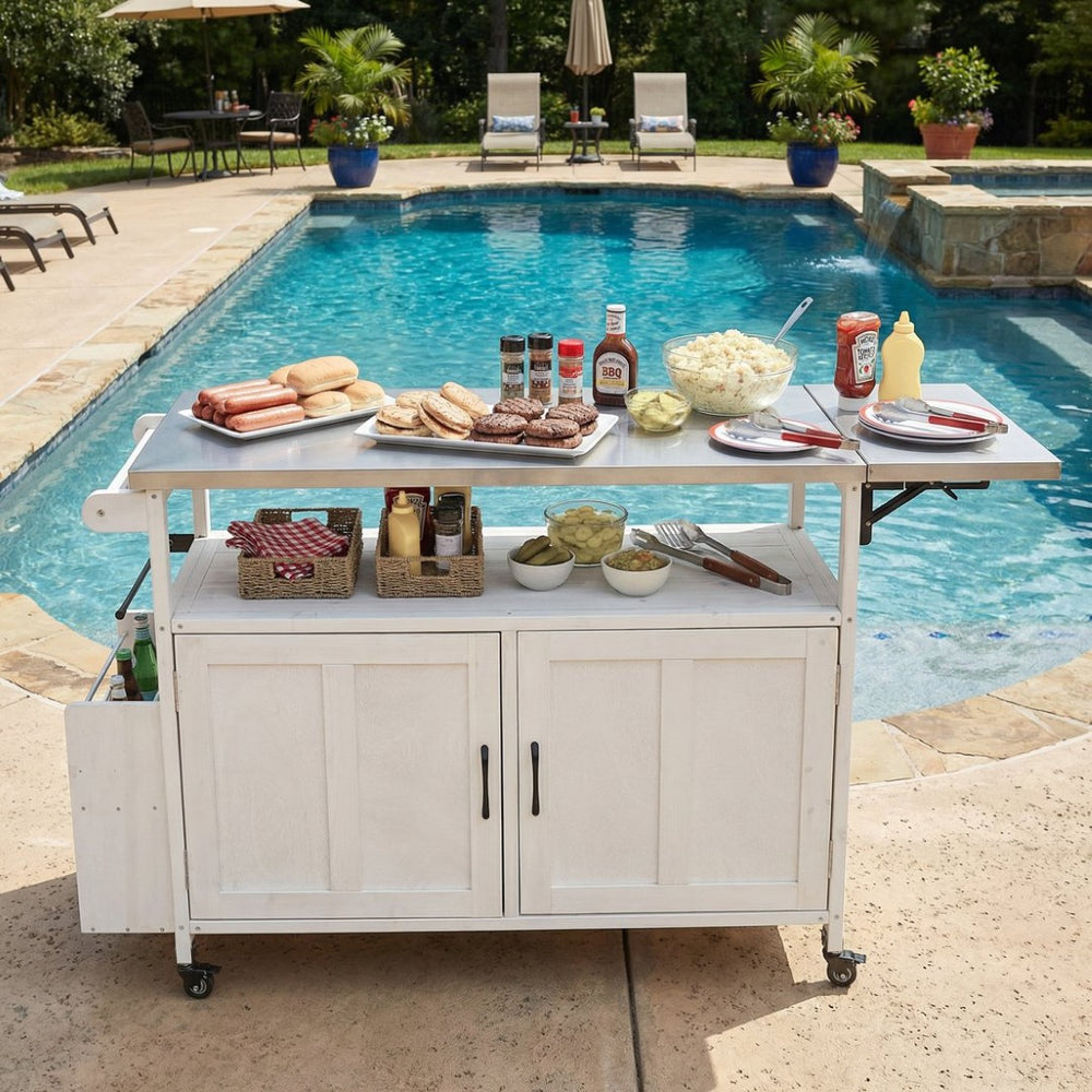 English Elm Foldable Outdoor Kitchen Cart with Stainless Worktop Fir Wood Frame and Lockable Wheels White N719P380279K