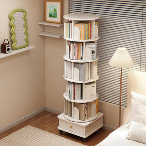 English Elm 6 Tier Rotating Bookshelf 360° Spinning Tower with Lockable Wheels, Drawer & Stable Base for Home Office White W3204P309485