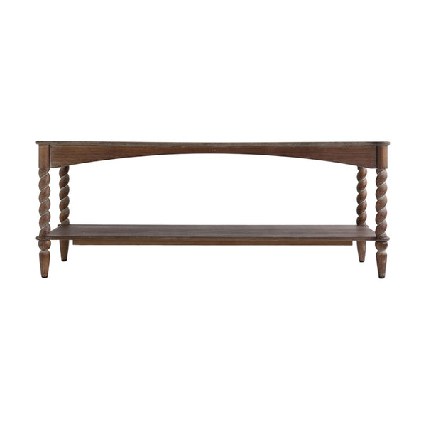 English Elm 47x22x18.5" Rustic Wood Coffee Table with Spiral Turned Legs and Open Storage Shelf W2078P460492