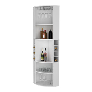 English Elm Clifton Corner Bar Cabinet with Wine Rack Cup Hanger and Five Open Storage Shelves B128S00229