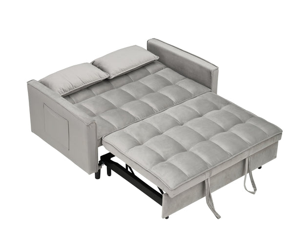English Elm Modern Velvet Loveseat Futon Sofa Bed 3-in-1 Convertible Small Sleeper Couch with Recline, Pillows, Pockets, Beige Gray W3371P315000