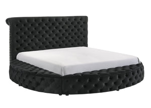 English Elm Luxurious Round Queen Bed with Velvet Tufted Headboard, Studded Accents and Hidden Storage Space Black 54.75 L x 79.5 W x 8.25 H B011S01644